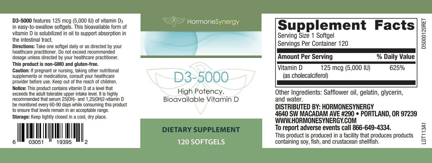 Vitamin D3 5000 IU - High Potency, Bioavailable | 120 SoftgelsRetzlerRx® Vitamin D3 5000 IU – High-Potency Bone & Immune Support Cardiometabolic & Heart Health Collection HormoneSynergy
