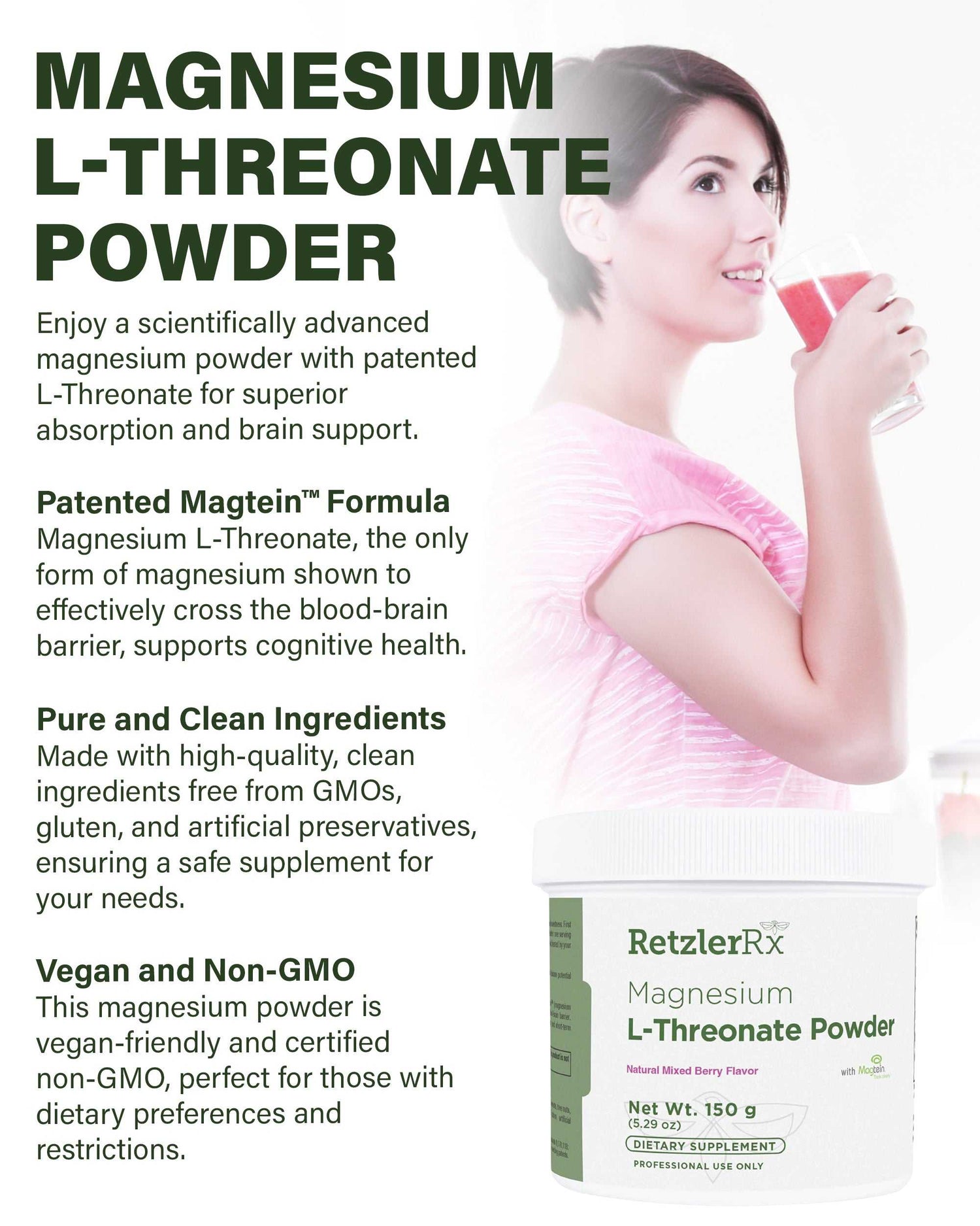 RetzlerRx® Magnesium L-Threonate Powder – Highly Absorbable Magtein® for Brain & Cognitive Support - Berry Flavor Brain and Mood Support Dr. Retzler’s Line of Premier Supplements HormoneSynergy