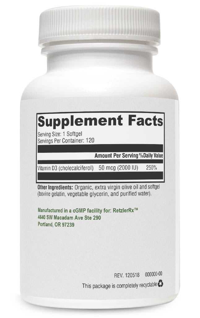 Vitamin D3 2000 IU - With Organic Extra Virgin Olive Oil 120 Softgels Vitamins Cardiometabolic & Heart Health Collection HormoneSynergy