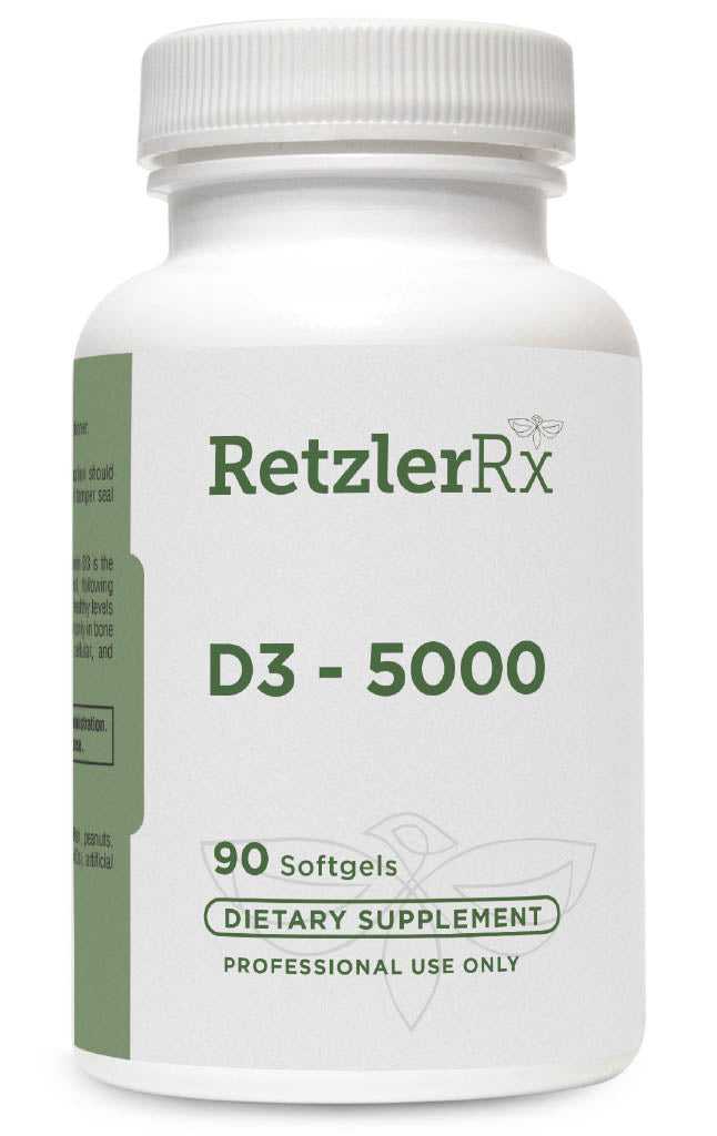 RetzlerRx Vitamin D3 5000 IU softgels with organic olive oil for bone, immune, and calcium support