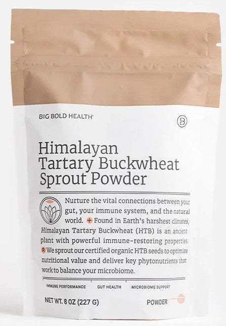 Himalayan Tartary Buckwheat sprout powder with clinical longevity medicine styling representing polyphenols, immunometabolism, gut health, and whole-food nutrition signaling