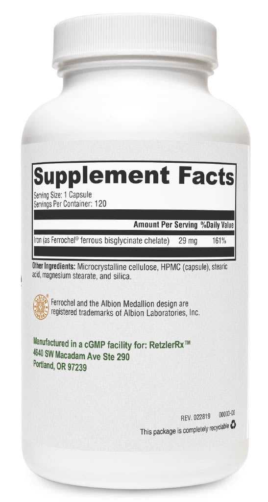 Iron Glycinate – Gentle, Highly Absorbable Ferrochel® Iron (29 mg) by RetzlerRx® Dr. Retzler’s Line of Premier Supplements HormoneSynergy