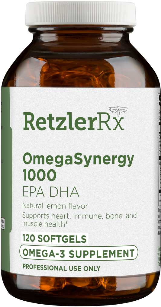 RetzlerRx OmegaSynergy EPA-DHA 1000 triglyceride fish oil softgels for cardiovascular, brain, and joint support