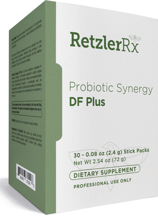 RetzlerRx Probiotic Synergy DF Plus probiotic stick packs supporting gut health microbiome balance and immune function