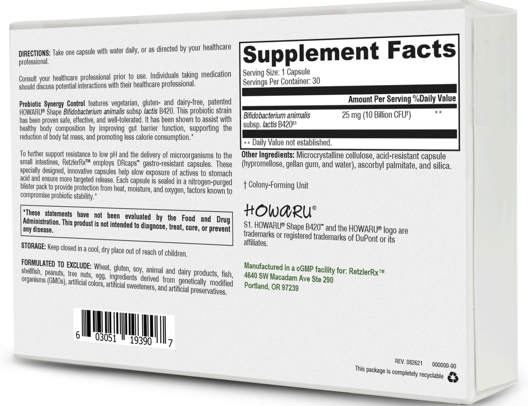 RetzlerRx® Probiotic Synergy Control – Targeted Gut & Weight Support Probiotics Dr. Retzler’s Line of Premier Supplements HormoneSynergy