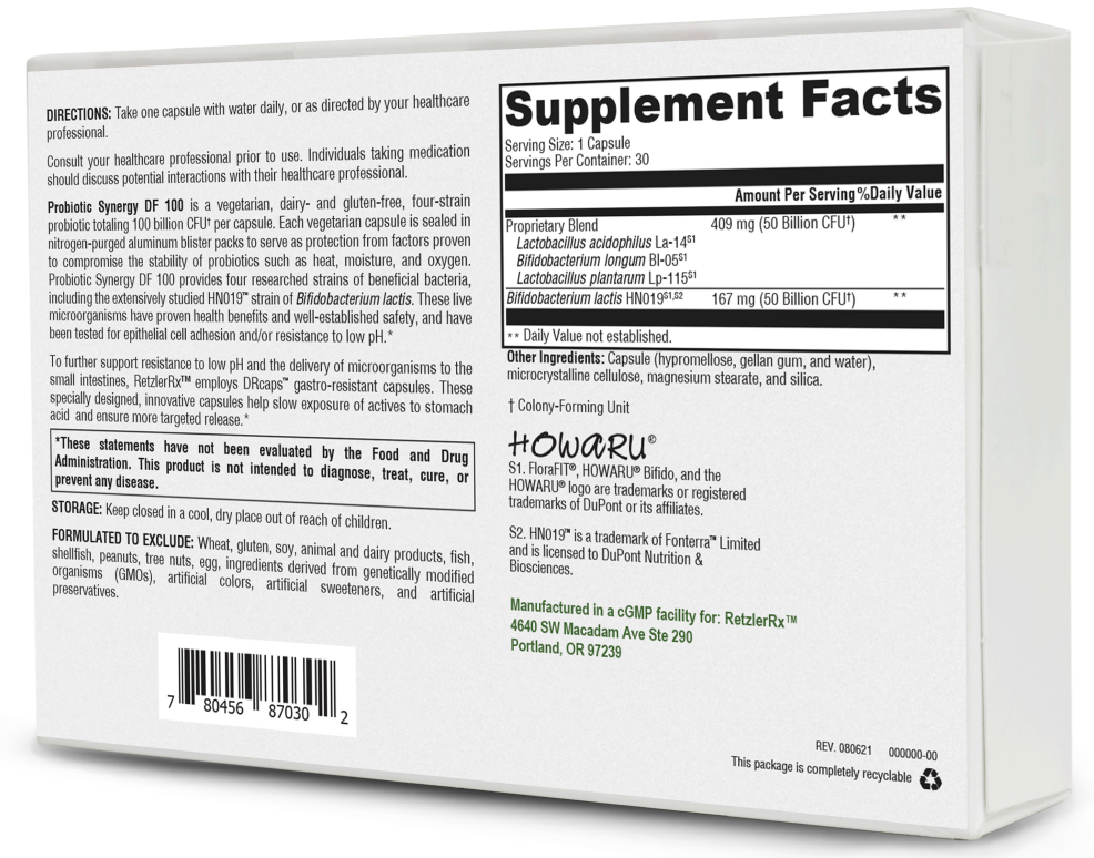 Probiotic Synergy DF100 – High-Potency Probiotic with Fonterra® HN019 & HOWARU® Strains by RetzlerRx® Probiotics Dr. Retzler’s Line of Premier Supplements HormoneSynergy