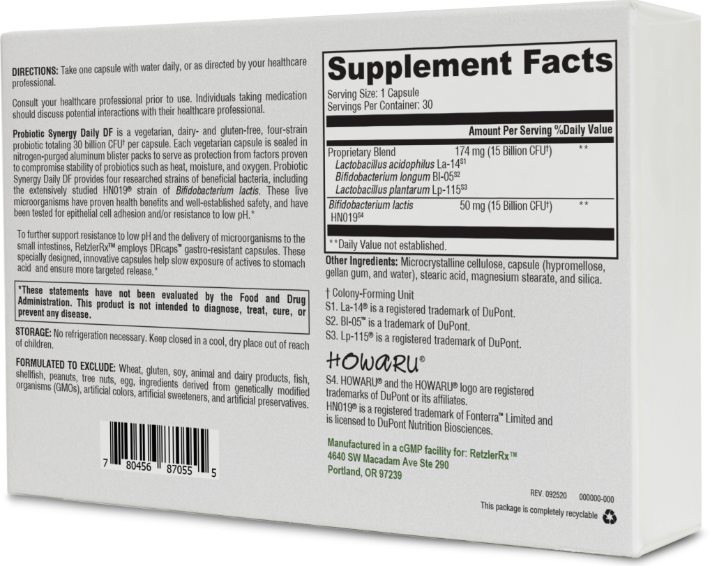 Probiotic Synergy Daily DF30 – Daily Gut & Immune Support by RetzlerRx® Probiotics Dr. Retzler’s Line of Premier Supplements HormoneSynergy