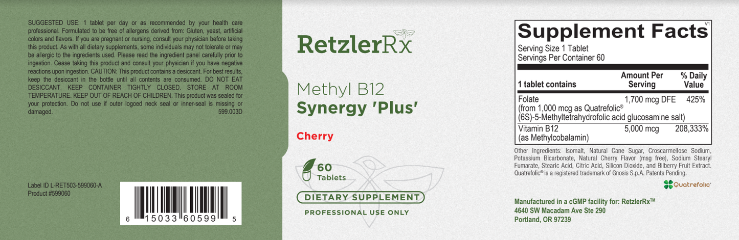 RetzlerRx® Methyl B-12 Synergy Plus – Activated B12 + Folate for Energy & Cognitive Support Cherry Tablet Cardiometabolic & Heart Health Collection HormoneSynergy