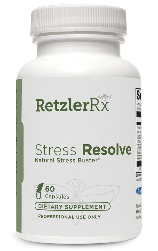 RetzlerRx Stress Resolve with magnolia, ashwagandha, and L-theanine for stress resilience, calm focus, and mood balance