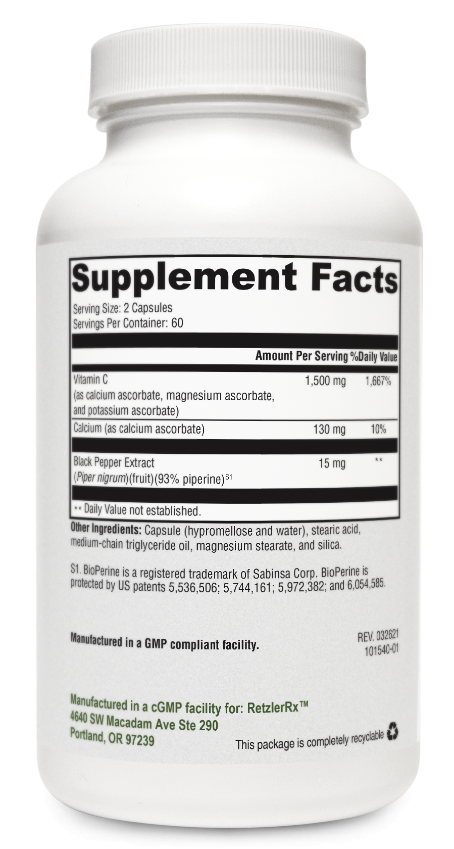 RetzlerRx® Synergy "C" 1500 mg – Enhanced Vitamin C with BioPerine® Dr. Retzler’s Line of Premier Supplements HormoneSynergy