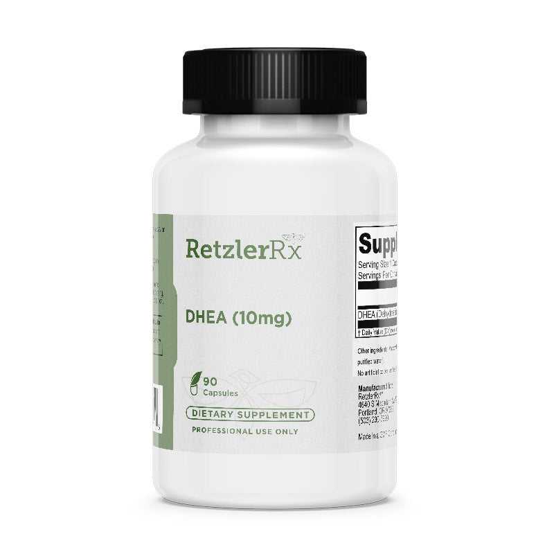 RetzlerRx DHEA 10 mg supplement for gentle hormonal balance, adrenal support, energy, and healthy aging
