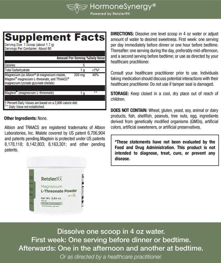 RetzlerRx® Magnesium L-Threonate Powder – Magtein® Cognitive & Sleep Support UNFLAVORED Brain and Mood Support Dr. Retzler’s Line of Premier Supplements HormoneSynergy