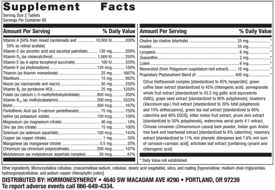 RetzlerRx® PhytoSynergy Multi No Iron – Advanced Cellular Protection Multivitamins Dr. Retzler’s Line of Premier Supplements HormoneSynergy