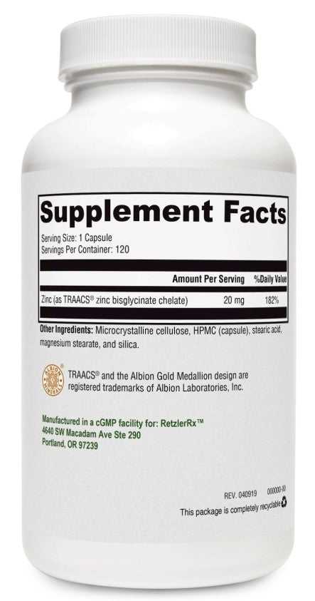 Zinc Glycinate – Albion® TRAACS® Chelated Zinc by RetzlerRx® Dr. Retzler’s Line of Premier Supplements HormoneSynergy